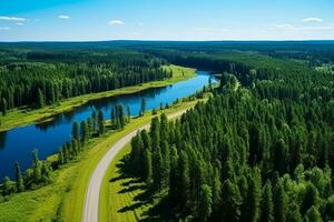 AI generated Aerial view of a road in the middle of the forest photo