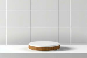 AI generated Abstract 3D white, brown cylinder pedestal podium on the table with white square tile texture wall scene. Vector rendering minimal geometric platform design in shadow. generative ai. photo