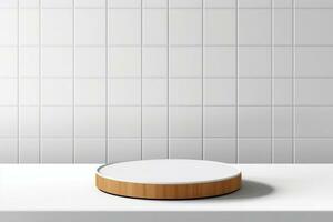 AI generated Abstract 3D white, brown cylinder pedestal podium on the table with white square tile texture wall scene. Vector rendering minimal geometric platform design in shadow. generative ai. photo