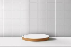 AI generated Abstract 3D white, brown cylinder pedestal podium on the table with white square tile texture wall scene. Vector rendering minimal geometric platform design in shadow. generative ai. photo