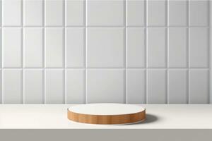 AI generated Abstract 3D white, brown cylinder pedestal podium on the table with white square tile texture wall scene. Vector rendering minimal geometric platform design in shadow. generative ai. photo