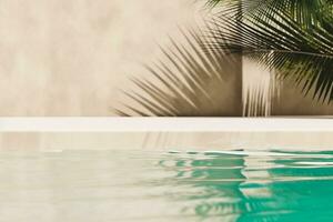 AI generated Tropical summer background with concrete wall, pool water and palm leaf shadow. Luxury hotel resort exterior for product placement. Outdoor vacation holiday house scene. generative ai. photo