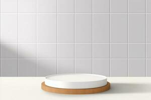 AI generated Abstract 3D white, brown cylinder pedestal podium on the table with white square tile texture wall scene. Vector rendering minimal geometric platform design in shadow. generative ai. photo