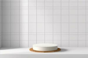 AI generated Abstract 3D white, brown cylinder pedestal podium on the table with white square tile texture wall scene. Vector rendering minimal geometric platform design in shadow. generative ai. photo