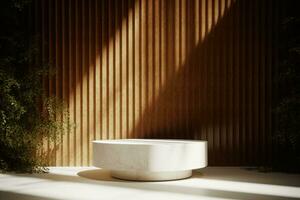 AI generated Luxurious stonemarble pedestal basks in foliage gobo sunlight. Wooden rod backdrop adds depth and elegance. Ideal for premium product showcases and sophisticated designs. generative ai. photo