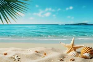 AI generated Tropical beach with sea star on sand, summer holiday background. Travel and beach vacation, free space for text.generative ai. photo