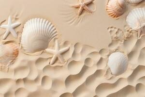 AI generated Top view of a sandy beach texture with imprints of exotic seashells and starfish as natural textured background. generative ai. photo