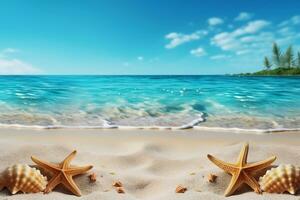 AI generated Tropical beach with sea star on sand, summer holiday background. Travel and beach vacation, free space for text.generative ai. photo