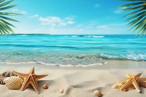 AI generated Tropical beach with sea star on sand, summer holiday background. Travel and beach vacation, free space for text.generative ai. photo