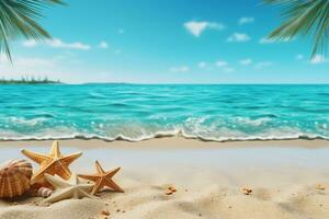 AI generated Tropical beach with sea star on sand, summer holiday background. Travel and beach vacation, free space for text.generative ai. photo