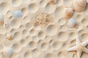 ai generado parte superior ver de un arenoso playa textura con huellas de exótico conchas marinas y estrella de mar como natural texturizado antecedentes. generativo ai. foto