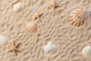 ai generado parte superior ver de un arenoso playa textura con huellas de exótico conchas marinas y estrella de mar como natural texturizado antecedentes. generativo ai. foto