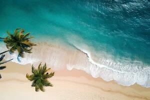 ai generado parte superior ver aéreo imagen desde zumbido de un maravilloso hermosa mar paisaje playa con turquesa agua con Copiar espacio foto