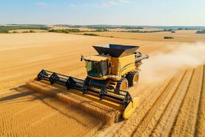 ai generado segador máquina trabajando en campo . combinar segador agricultura máquina cosecha dorado maduro trigo campo. agricultura. aéreo vista. desde arriba. foto