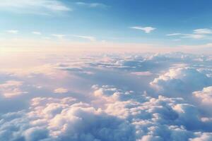 ai generado aéreo ver terminado el desde el cabina de un privado aeronave. cielo con nubes cielo antecedentes foto