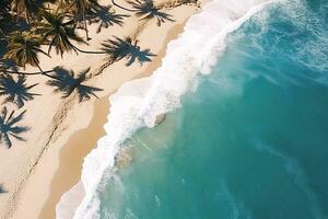 ai generado parte superior ver aéreo imagen desde zumbido de un maravilloso hermosa mar paisaje playa con turquesa agua con Copiar espacio foto