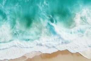 ai generado parte superior ver aéreo imagen desde zumbido de un maravilloso hermosa mar paisaje playa con turquesa agua con Copiar espacio foto