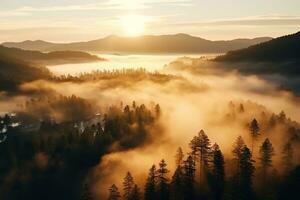 ai generado aéreo ver de oscuro verde bosque con brumoso nubes el Rico natural ecosistema de selva concepto de natural bosque conservación y repoblación forestal. foto