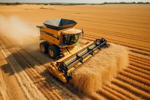 ai generado segador máquina trabajando en campo . combinar segador agricultura máquina cosecha dorado maduro trigo campo. agricultura. aéreo vista. desde arriba. foto