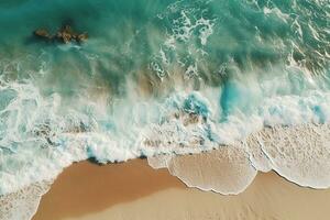 ai generado parte superior ver aéreo imagen desde zumbido de un maravilloso hermosa mar paisaje playa con turquesa agua con Copiar espacio foto