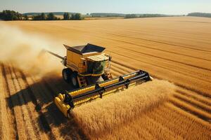 AI generated Harvester machine working in field . Combine harvester agriculture machine harvesting golden ripe wheat field. Agriculture. Aerial view. From above. photo