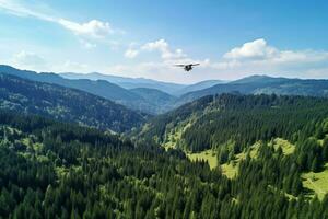 ai generado aéreo parte superior ver rural la carretera en el bosque, suciedad la carretera o barro la carretera y lluvia bosque, aéreo ver la carretera en naturaleza, ecosistema y sano ambiente foto