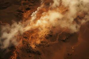 AI generated Aerial view of lava flowing from Volcano during an eruption on volcanic area at night photo