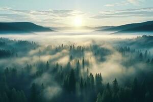 AI generated Aerial view of dark green forest with misty clouds. The rich natural ecosystem of rainforest concept of natural forest conservation and reforestation. photo