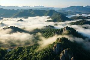 AI generated Aerial view of dark green forest with misty clouds. The rich natural ecosystem of rainforest concept of natural forest conservation and reforestation. photo