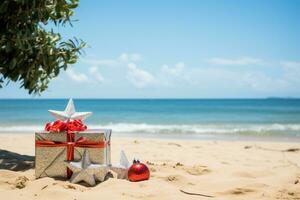 AI generated Christmas baubles arranged on the sand with gifts photo