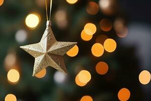 ai generado un cerca arriba de un Navidad árbol con estrella adornos colgando desde es ramas y un borroso antecedentes foto