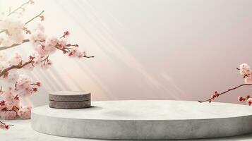 AI generated empty natural stone podium with flowers for showing packaging and product on blurred background, copy space ,3d rendered photo