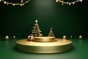 AI generated 3d rendered green Podium display for merry Christmas event photo