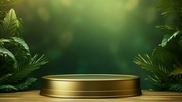 AI generated 3d rendered empty display elegant luxury green and gold theme podium with leaves Minimal scene for product display presentation photo