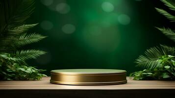 AI generated 3d rendered empty display elegant luxury green and gold theme podium with leaves Minimal scene for product display presentation photo