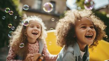 ai generado multiétnico grupo de sonriente niños disfrutando un soleado día a un jabón burbuja espectáculo foto