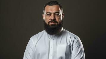 AI generated Muslim man with a beard and white shirt against a dark background photo