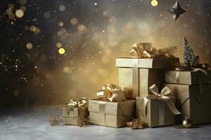 AI generated Christmas Gold Glitter Gift Box Background photo