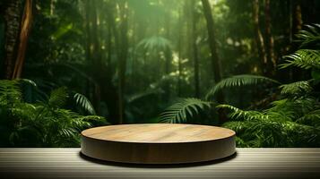 AI generated wooden podium product display in jungle or stage product showcase mock up Minimal scene for product display presentation photo