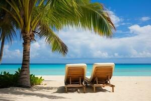 ai generado hermosa tropical playa y mar con dos sillas en el arena y palma arboles foto