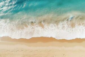 ai generado parte superior ver aéreo imagen desde zumbido de un maravilloso hermosa mar paisaje playa con turquesa agua con Copiar espacio foto