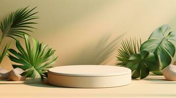AI generated 3d rendered abstract empty display podium with leaves Minimal scene for product display presentation photo