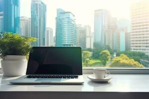 AI generated Wood office cup of coffee and laptop on table beside window with copy space, flat lay. photo