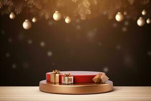 AI generated merry Christmas 3d rendered red Podium display for event photo