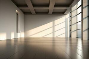 AI generated 3d rendered Modern Hall Interior Background Empty room with a huge window. minimal with copy space photo