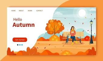 happy girl sitting on a bench with a cup of coffee, under a tree with falling leaves in a park. beautiful autumn city park with bench. Website Landing Page template. Vector illustration in flat style