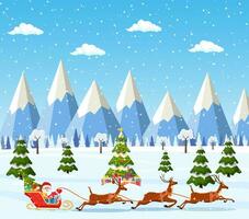 Christmas landscape background withwith christmas tree with gifbox and Santa Claus riding on sleigh. Merry christmas holiday. New year and xmas celebration. Vector illustration in flat style