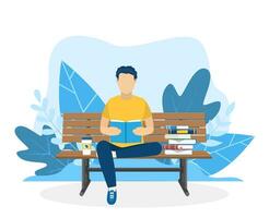 Young man reading book on the bench. Education, reading, studying. Vector illustration in flat style. Vector illustration in flat style