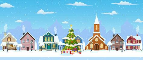 contento nuevo año y alegre Navidad invierno antiguo pueblo calle. Navidad pueblo ciudad sin costura frontera panorama. vector ilustración en plano estilo