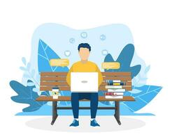 man with laptop sitting on the bench in nature. Freelance or studying concept. web page design template for online education, training. Vector illustration in flat style